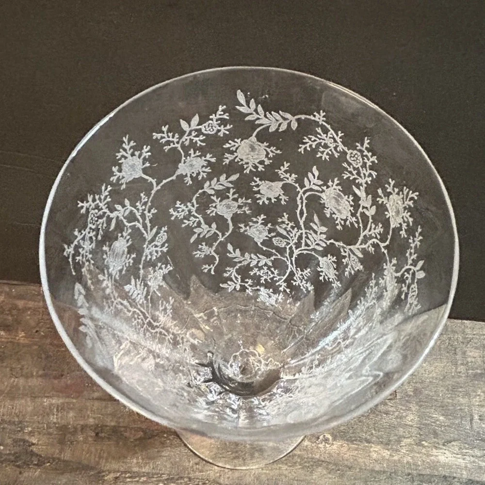 Fostoria Chintz Baroque Etched Floral Clear Glass Footed Water Goblet Stemware